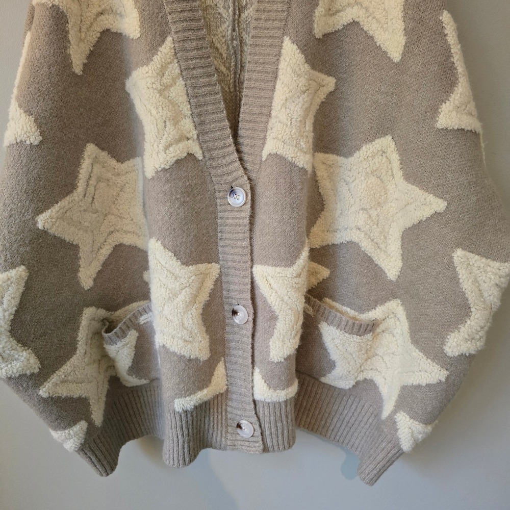 Bucket List Star Pattern Oversized Cardigan Sweater Tan Cream Wool Blend IT1670M - Picture 4 of 8